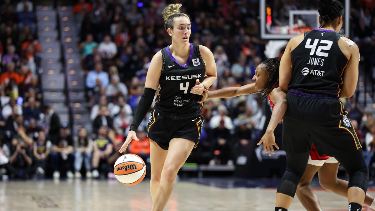 Connecticut Sun guard Marina Mabrey (4) dribbles the ball during the second half against the Indiana Fever during game two of the first round of the 2024 WNBA Playoffs at Mohegan Sun Arena.