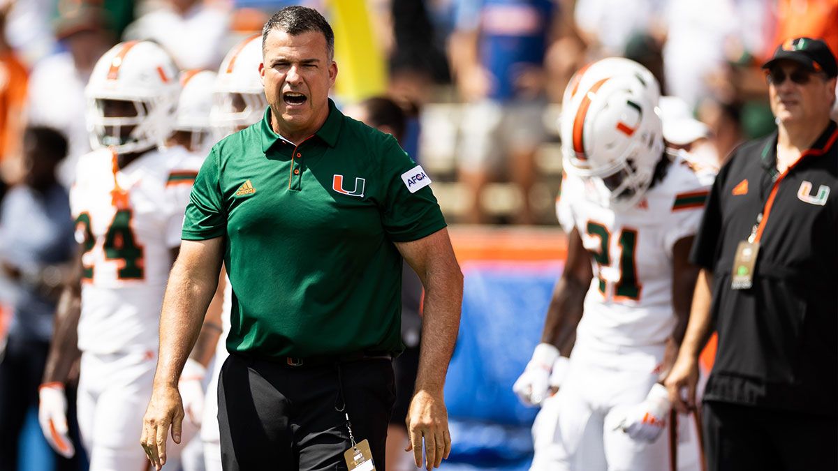 Miami Hurricanes head coach Mario Cristobal reacts before a game against the Florida Gators at Ben Hill Griffin Stadium.