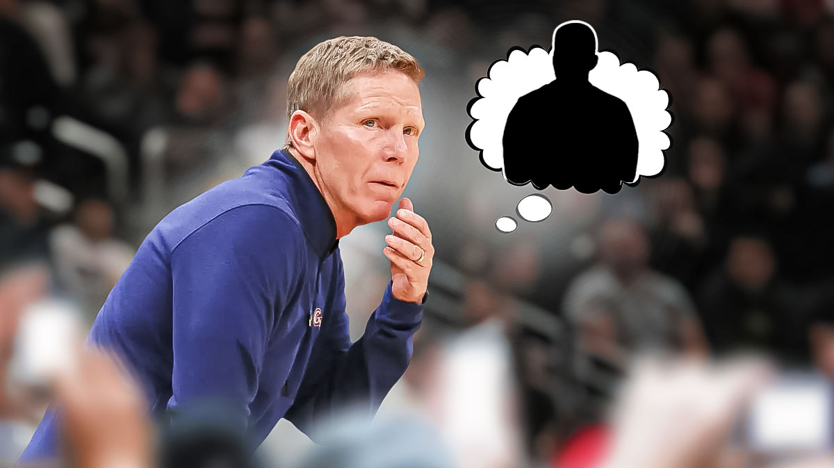 Gonzaga head coach Mark Few with a thought bubble and a dark silhouette of a basketball coach inside