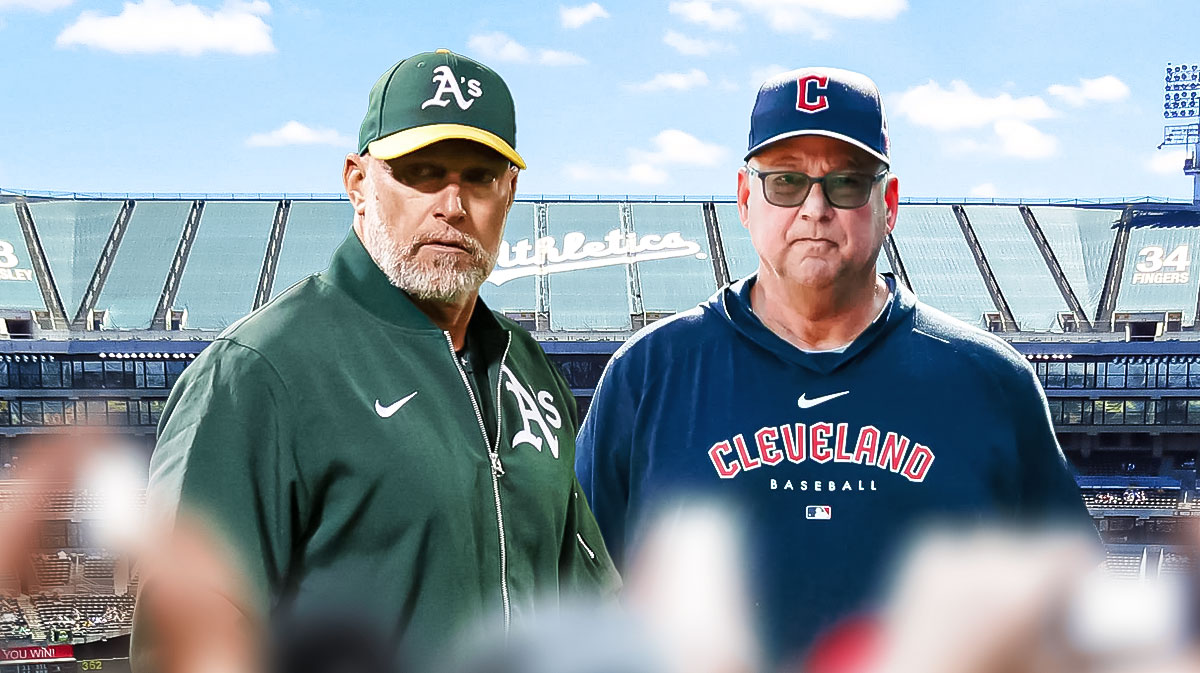 Athletics manager Mark Kotsay next to Terry Francona & the Oakland Coliseum