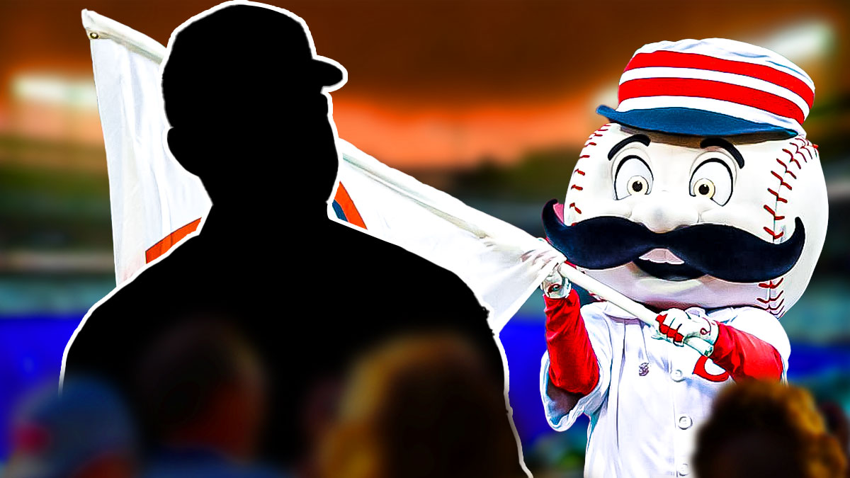 Silhouette of Skip Schumaker (Marlins Manager) with Cincinnati Reds mascot (Mr. Red)