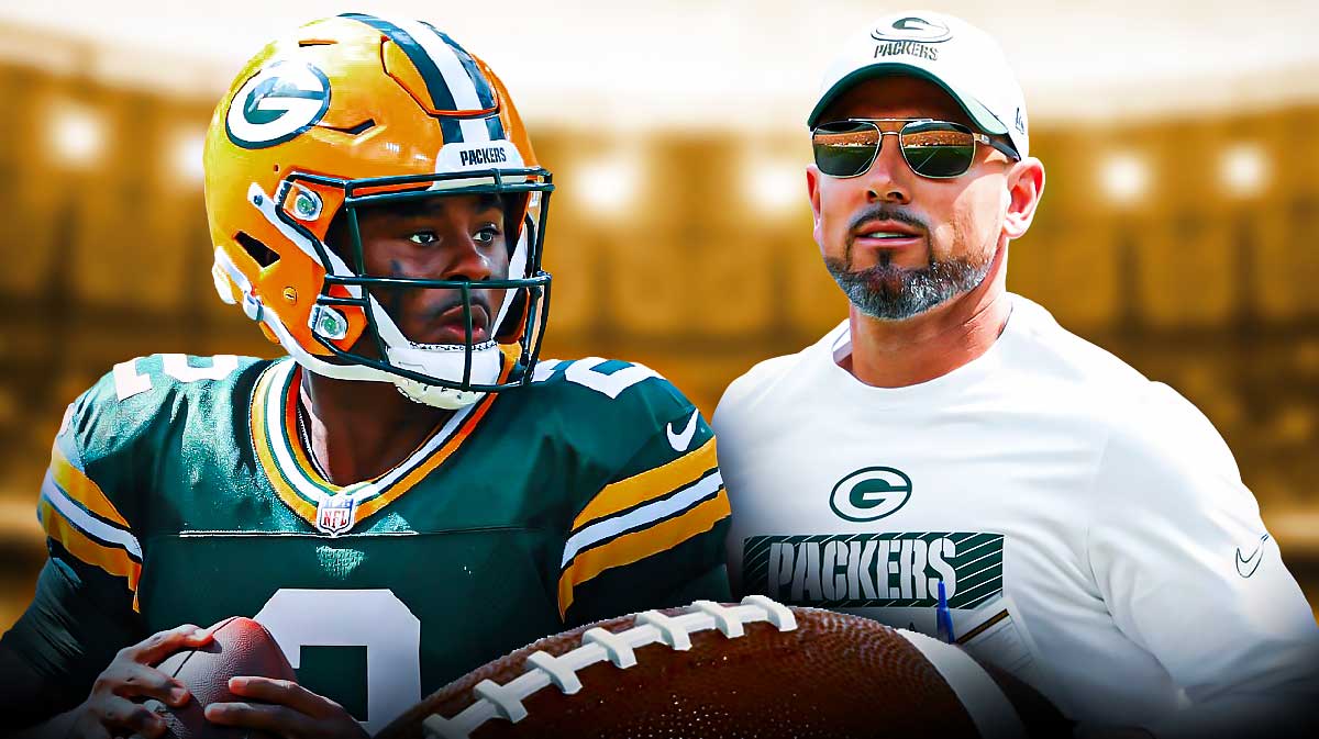 Malik Willis next to Matt LaFleur with a Packers-themed bg.