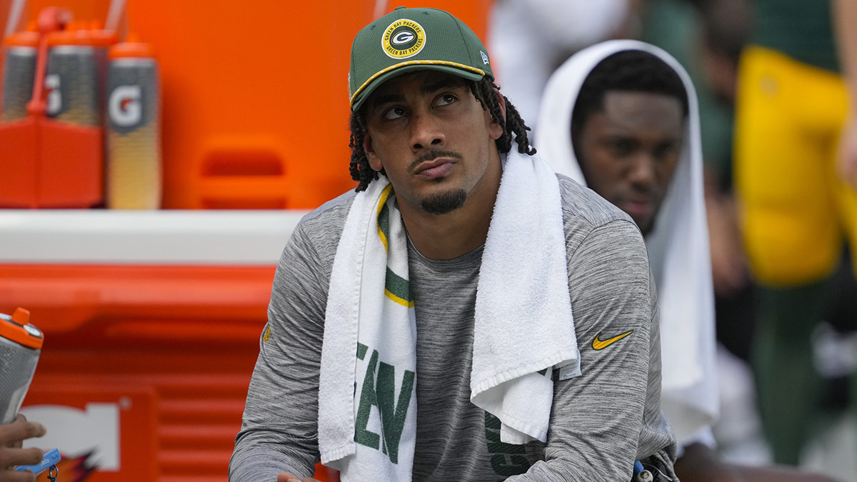 Green Bay Packers quarterback Jordan Love looks on from the sidelines during the fourth quarter against the Indianapolis Colts at Lambeau Field.