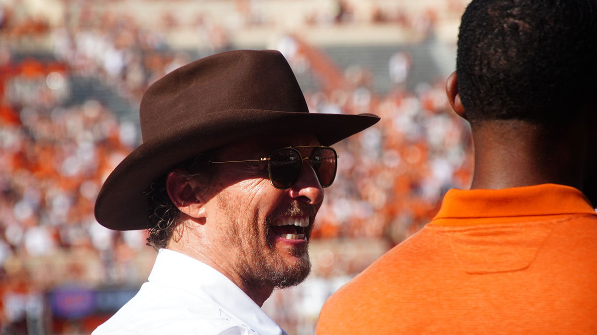 Actor and Texas alumni Matthew McConaughey during a game between the Texas Longhorns and the Colorado State Rams at Darrell K Royal-Texas Memorial Stadium.