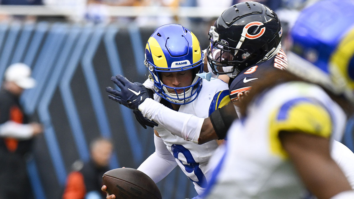 Chicago Bears safety Jaquan Brisker (9) sacks Los Angeles Rams quarterback Matthew Stafford (9) during the second half at Soldier Field.