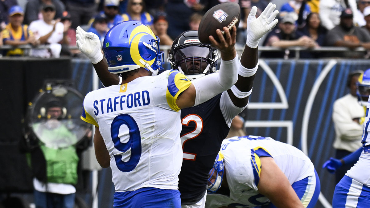Chicago Bears defensive end Darrell Taylor (52) pressures Los Angeles Rams quarterback Matthew Stafford (9) at the end of the second half at Soldier Field.
