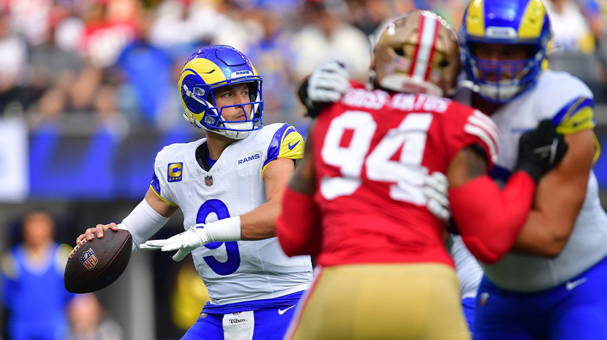 Los Angeles Rams quarterback Matthew Stafford (9) throws against the San Francisco 49ers during the first half at SoFi Stadium.