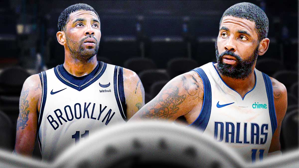 Mavericks Kyrie Irving in front. In background, need Nets Kyrie Irving sitting down on an NBA sideline.