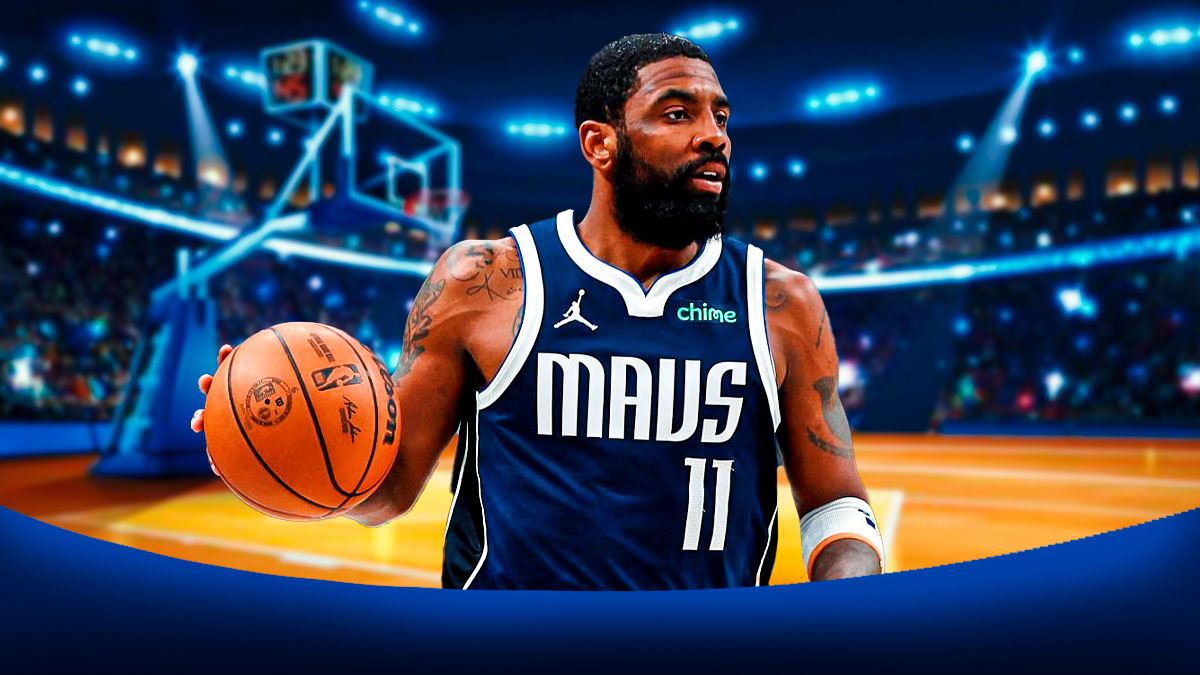 Mavericks Kyrie Irving dribbling a basketball.