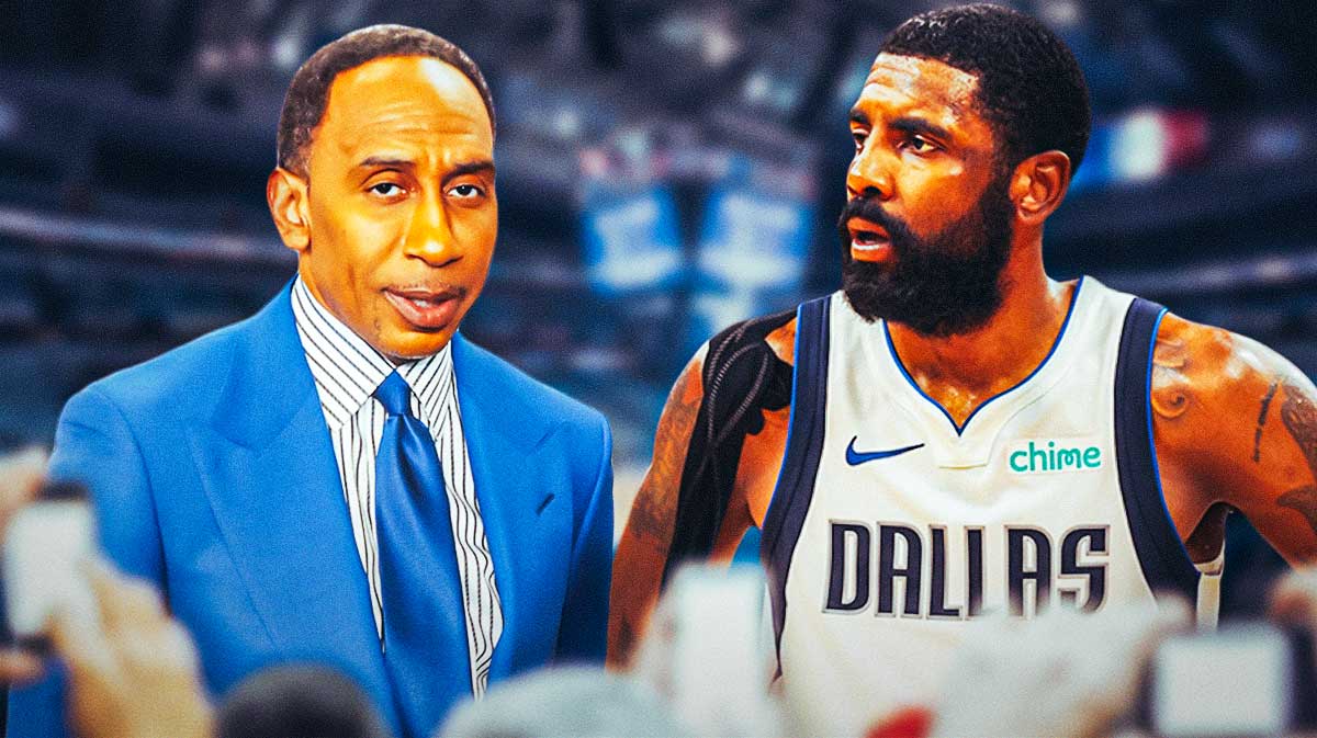 Kyrie Irving next to Stephen A Smith featuring a Mavericks-themed bg.