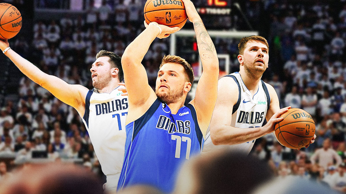 Mavericks Luka Doncic shooting a basketball in front. Mavericks Luka Doncic making a lay-up in background. Mavericks Luka Doncic holding a basketball in background.