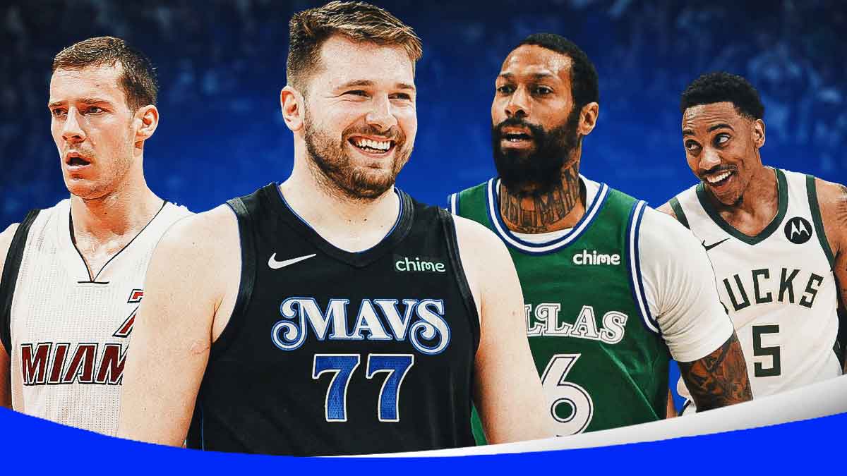 Mavericks' Luka Doncic laughing, with Jeff Teague, James Johnson (in Mavericks uniform), and Goran Dragic beside him