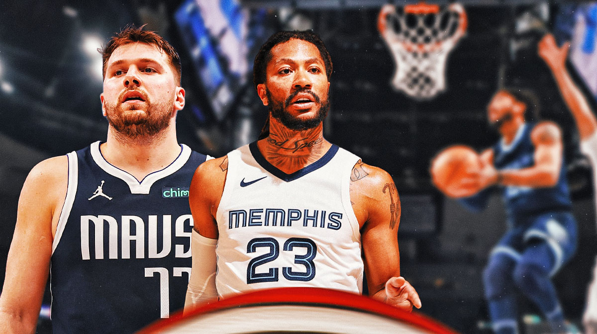 Grizzlies Derrick Rose and Mavericks Luka Doncic both in image looking serious. In background, have Grizzlies Derrick Rose shooting a basketball.