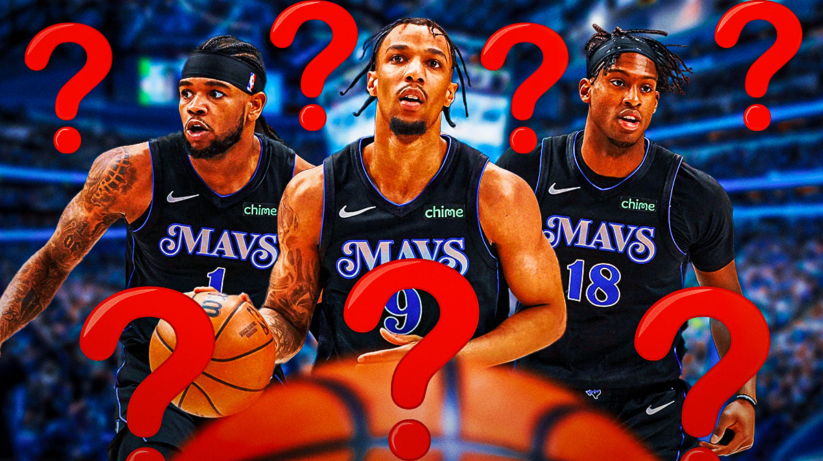 Mavericks AJ Lawson in front, Mavericks Jaden Hardy on right, Mavericks Olivier Maxence-Prosper on left. Place question marks everywhere.