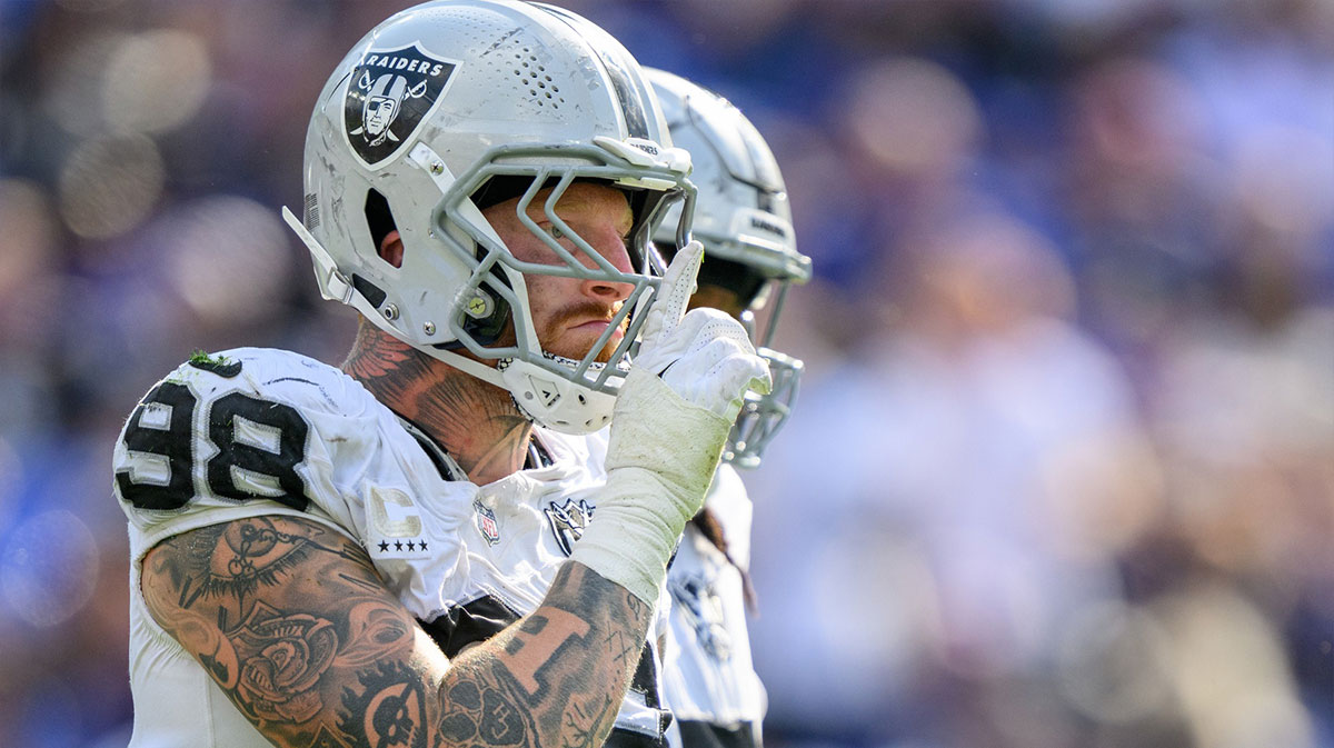 Las Vegas Raiders defensive end Maxx Crosby (98) celebrates after a sack during the second half against the Baltimore Ravens at M&T Bank Stadium.