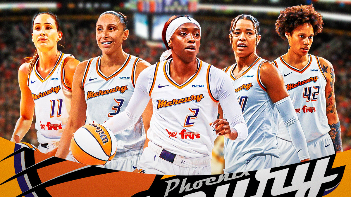 Mercury starting five of Kahleah Copper in the middle, surrounded by Natasha Cloud, Diana Taurasi, Rebecca Allen, and Brittney Griner.