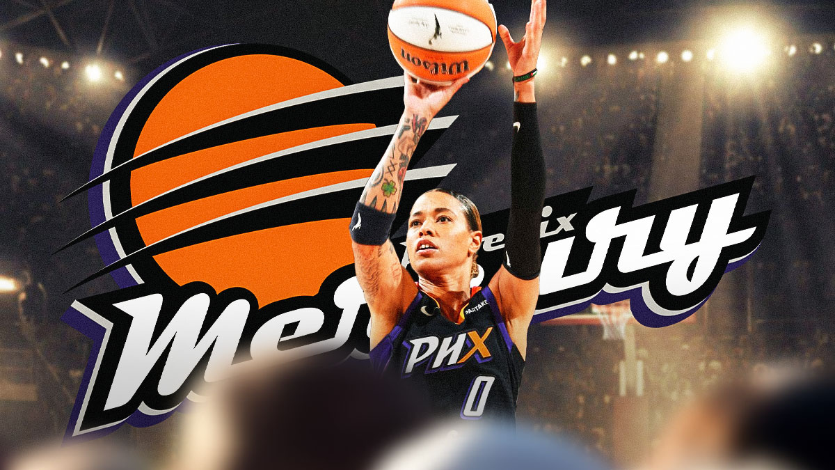 Phoenix Mercury point guard Natasha Cloud smiling while shooting a basketball, with the Phoenix Mercury logo behind her.