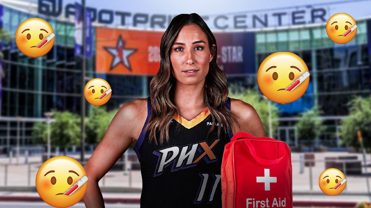 Phoenix Mercury forward Rebecca Allen, with first-aid kits and the sick emoji around her, with a background of the Footprint Center.