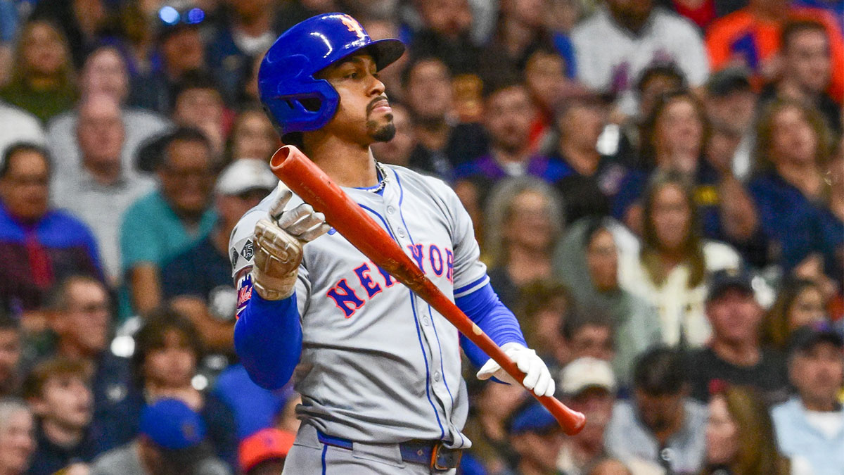 New York Mets designated hitter Francisco Lindor (12) reacts after striking out in the sixth inning against the Milwaukee Brewers at American Family Field.