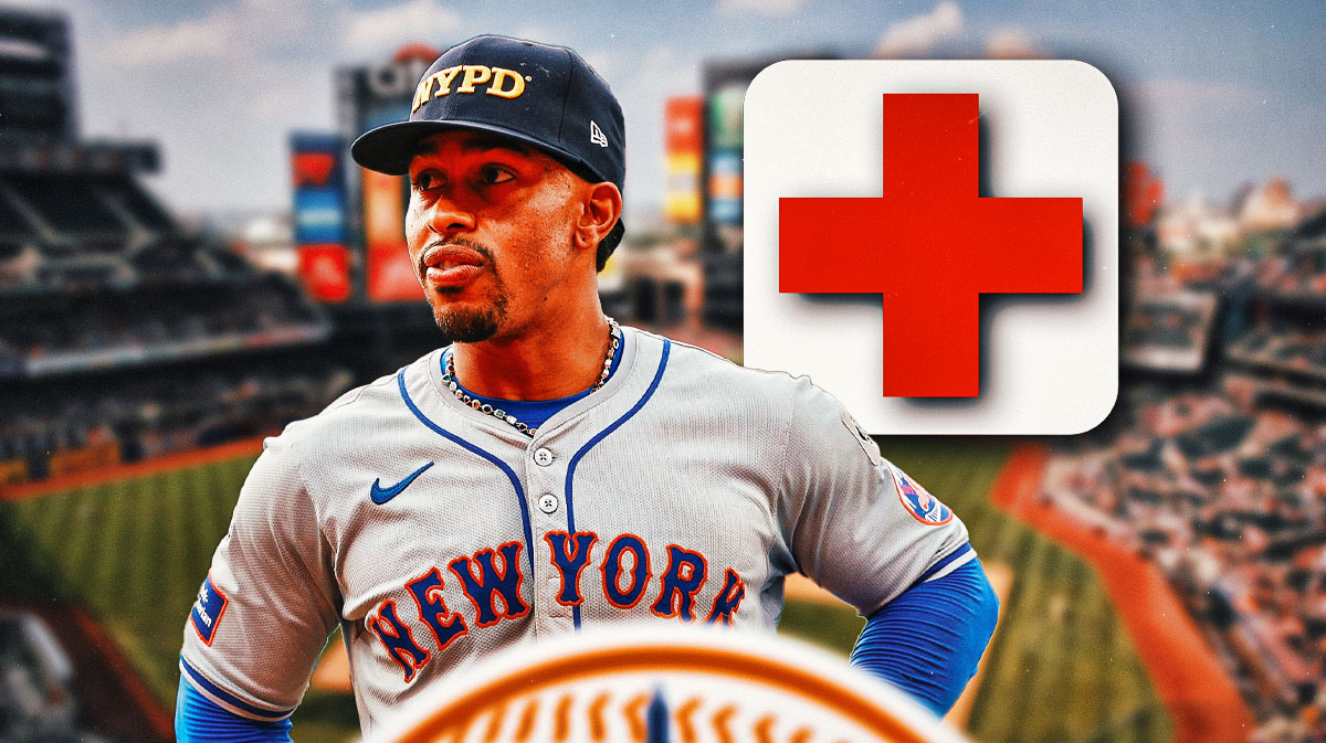 Francisco Lindor in a New York Mets uniform with a red and white first aid symbol as he remains out of Mets lineup with a back injury while the Mets try to make the playoffs.
