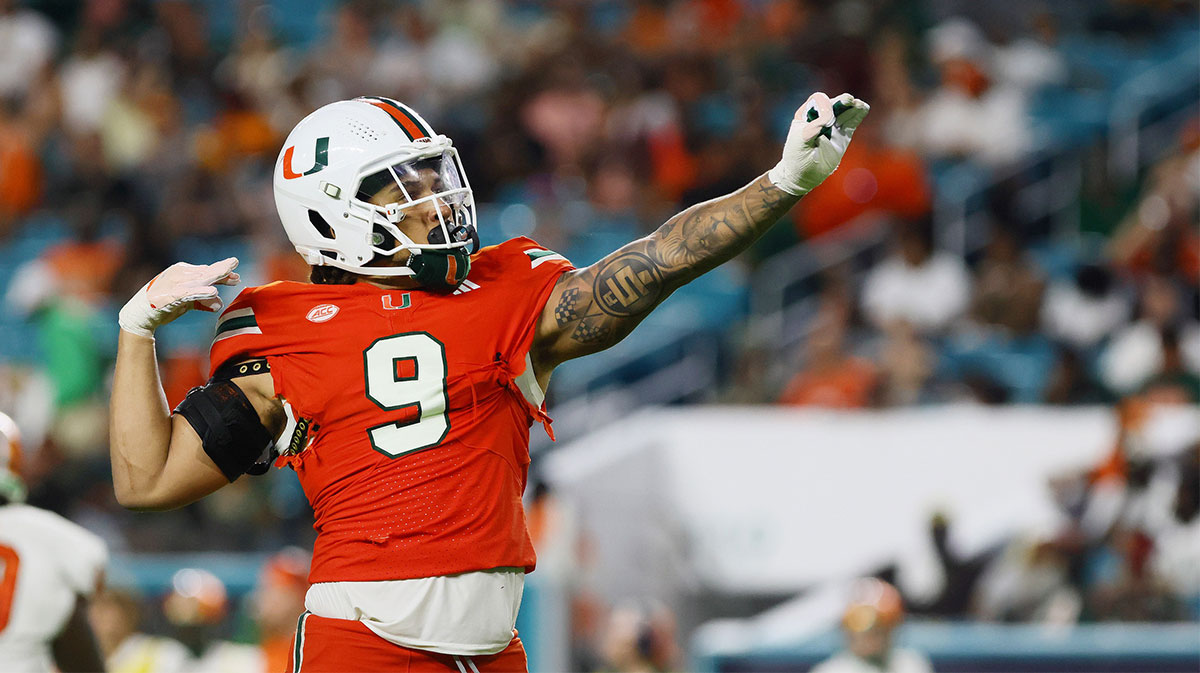 Sep 7, 2024; Miami Gardens, Florida, USA; Miami Hurricanes defensive lineman Tyler Baron (9) celebrates after sacking Florida A&M Rattlers quarterback Daniel Richardson (not pictured) during the third quarter at Hard Rock Stadium