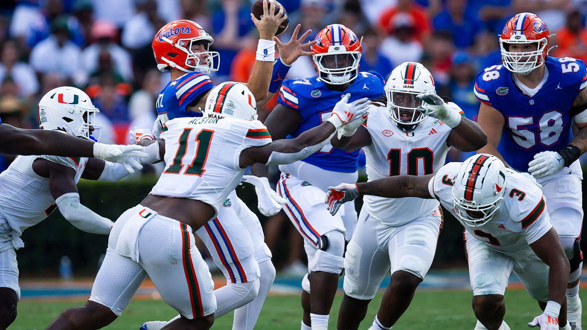 Florida Gators quarterback Graham Mertz (15) is sacked during the season opener at Ben Hill Griffin Stadium