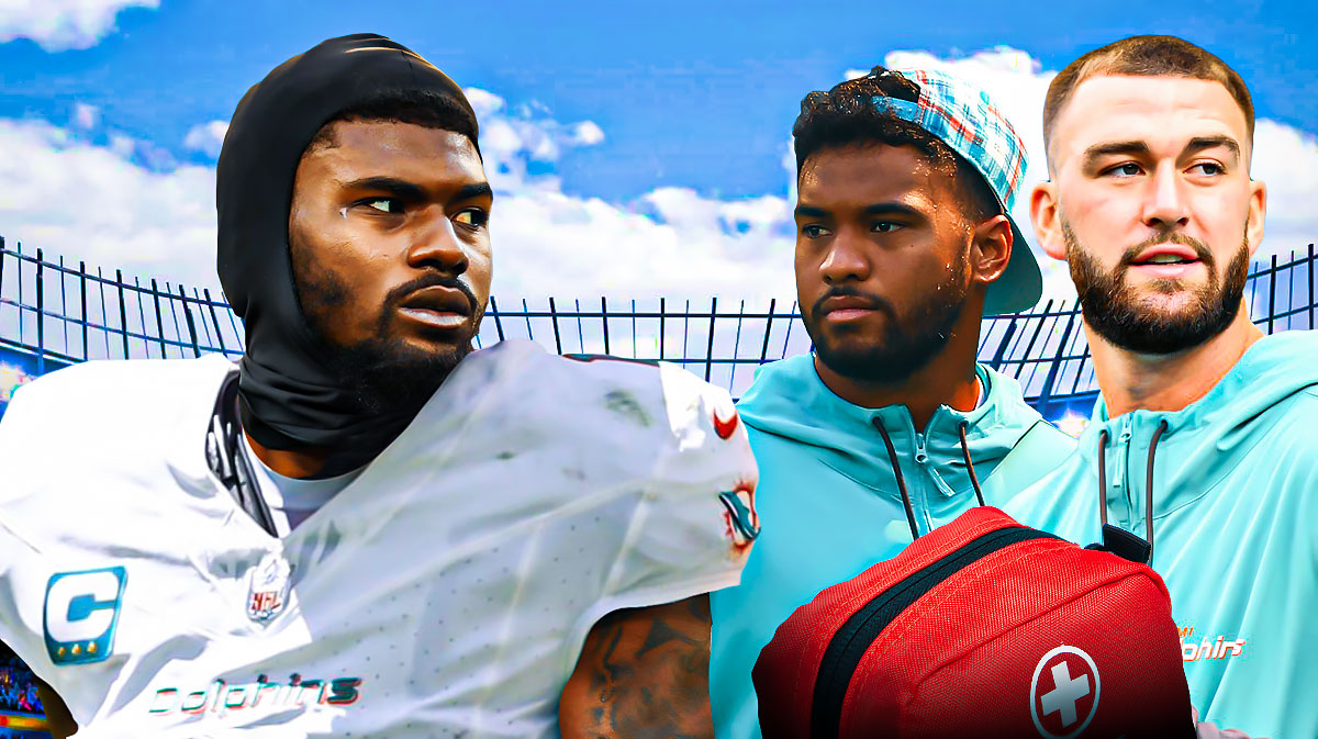 Miami Dolphins star Tyler Huntley in a Miami Dolphins uniform on one side, Tua Tagovailoa and Skylar Thompson on the other side with an injury kit in front of them in front of Hard Rock Stadium.