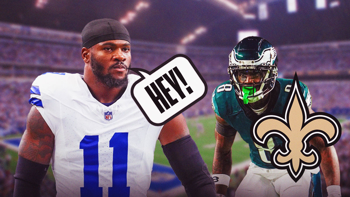 Micah Parsons with speech bubble saying "Hey!" to CJ Gardner-Johnson over New Orleans Saints logo