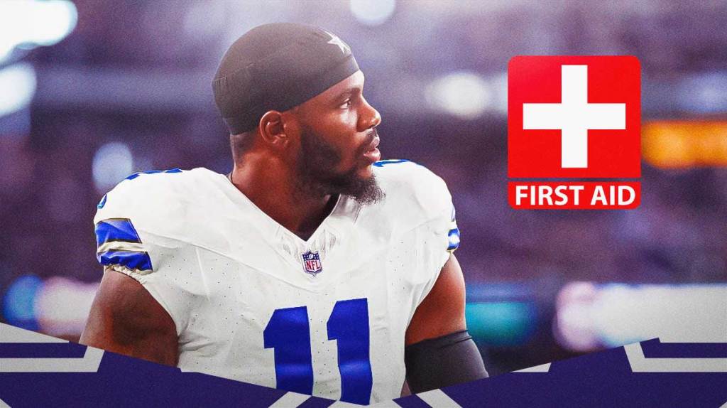 Micah Parsons in a Dallas Cowboys uniform with a red and white first aid symbol as Parsons suffered a neck injury against the Giants on Thursday night - another of the cowboys injuries in a disappointing season.