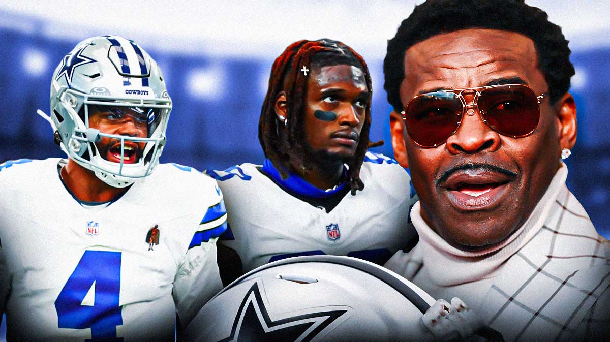 Dallas Cowboys quarterback Dak Prescott, and wide receiver CeeDee Lamb looking upset, while Michael Irvin is wearing a suit and is yelling.