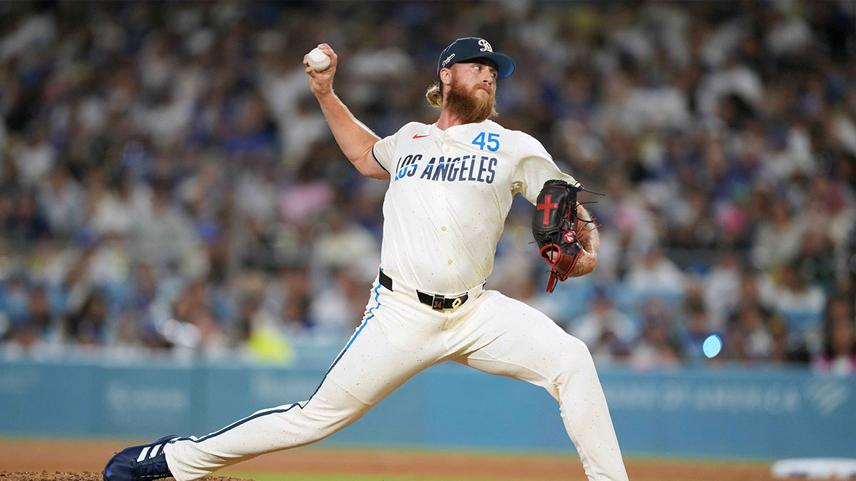 Los Angeles Dodgers relief pitcher Michael Kopech (45) throws in the eighth inning against the Tampa Bay Rays at Dodger Stadium.