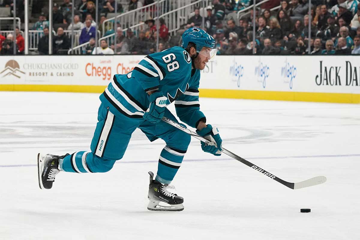San Jose Sharks center Mike Hoffman (68) skates against the Calgary Flames during the second period at SAP Center at San Jose.