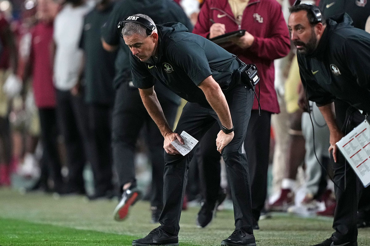 Florida State Seminoles head coach Mike Norvell reacts against the Georgia Bulldogs during the second half in the 2023 Orange Bowl at Hard Rock Stadium. 