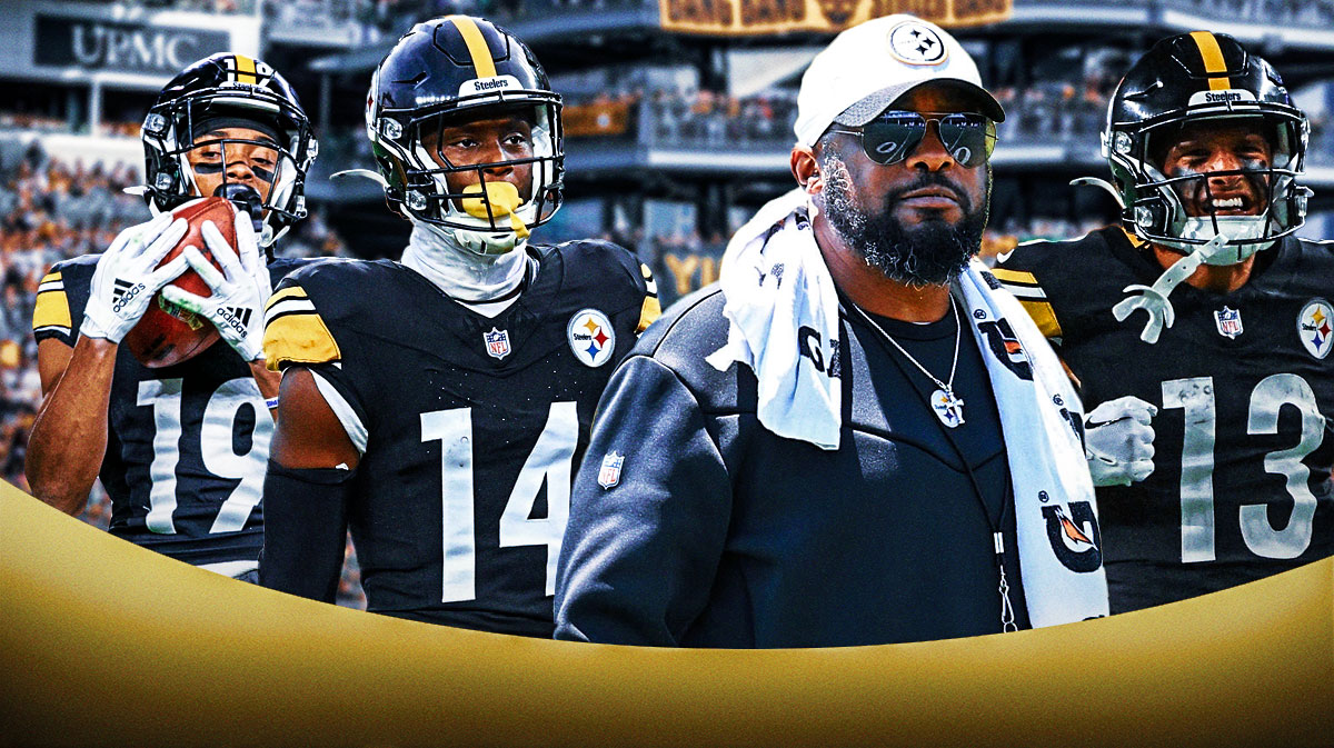 Mike Tomlin in Steelers coaching gear and George Pickens, Calvin Austin and Scotty Miller in Steelers jerseys.