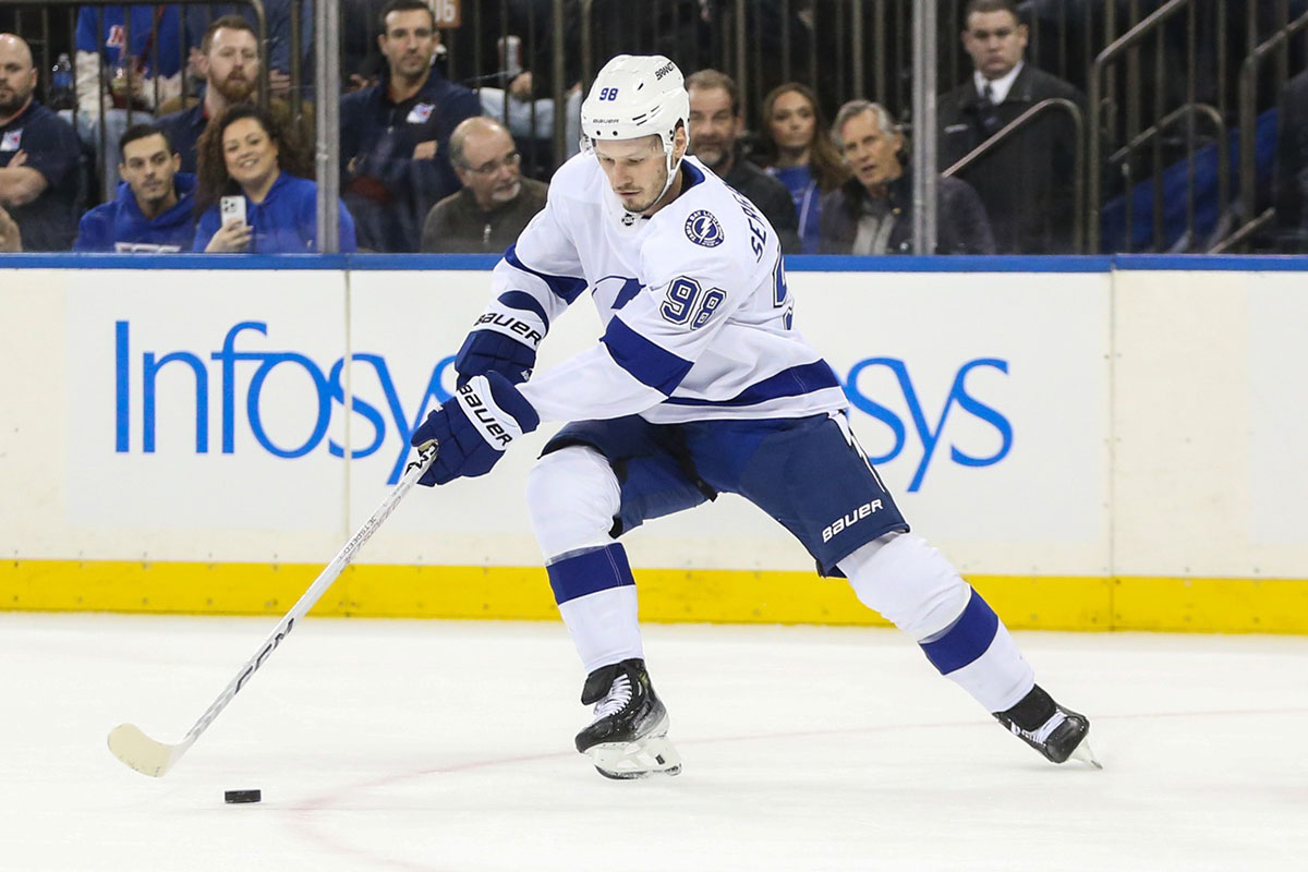 Tampa Bay Lightning defenseman Mikhail Sergachev (98) at Madison Square Garden