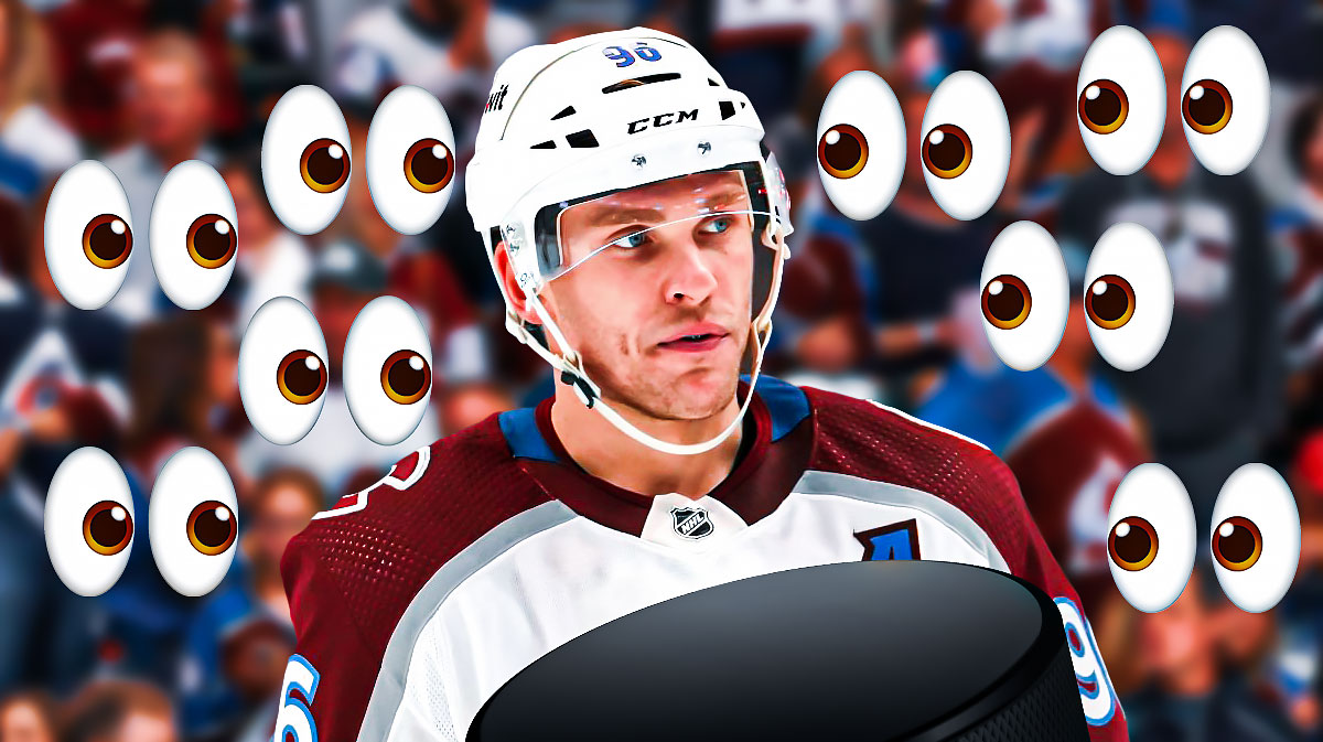 Mikko Rantanen on one side, a bunch of Colorado Avalanche fans on the other side with the big eyes emoji around them