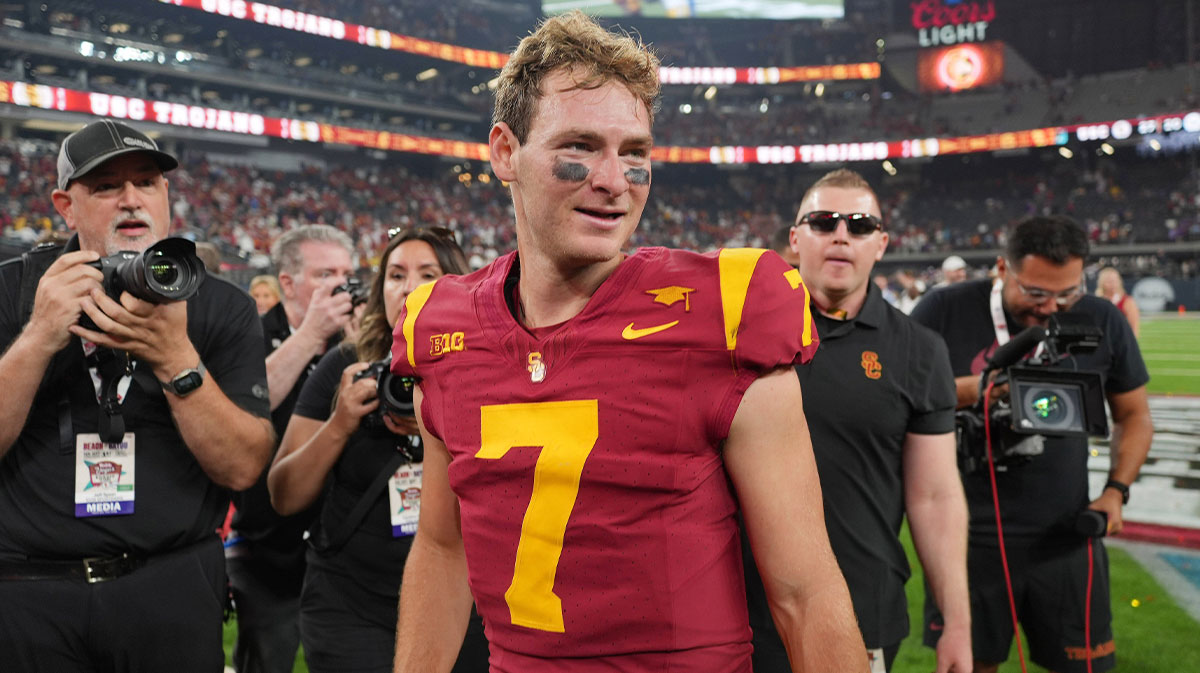 Southern California Trojans quarterback Miller Moss (7) reacts after the game against the LSU Tigers at Allegiant Stadium.