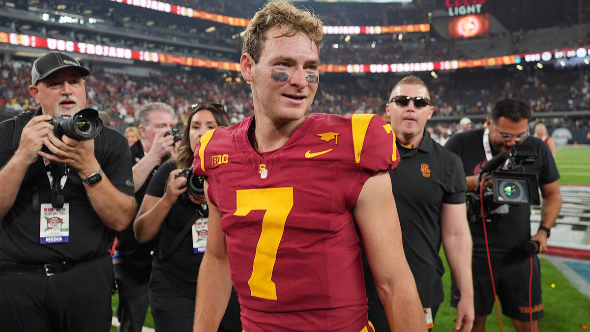 Southern California Trojans quarterback Miller Moss (7) reacts after the game against the LSU Tigers at Allegiant Stadium.