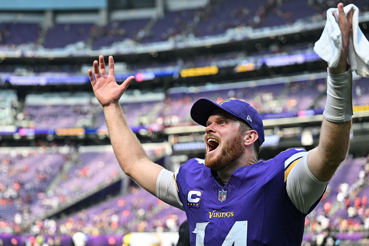 Minnesota Vikings quarterback Sam Darnold (14) reacts after the game against the San Francisco 49ers at U.S. Bank Stadium.