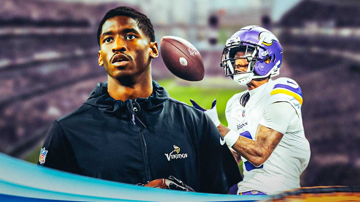 Jordan Addison in a Minnesota Vikings uniform catching a ball as Addison will practice and should play in Week Four as he recovers from an ankle injury.