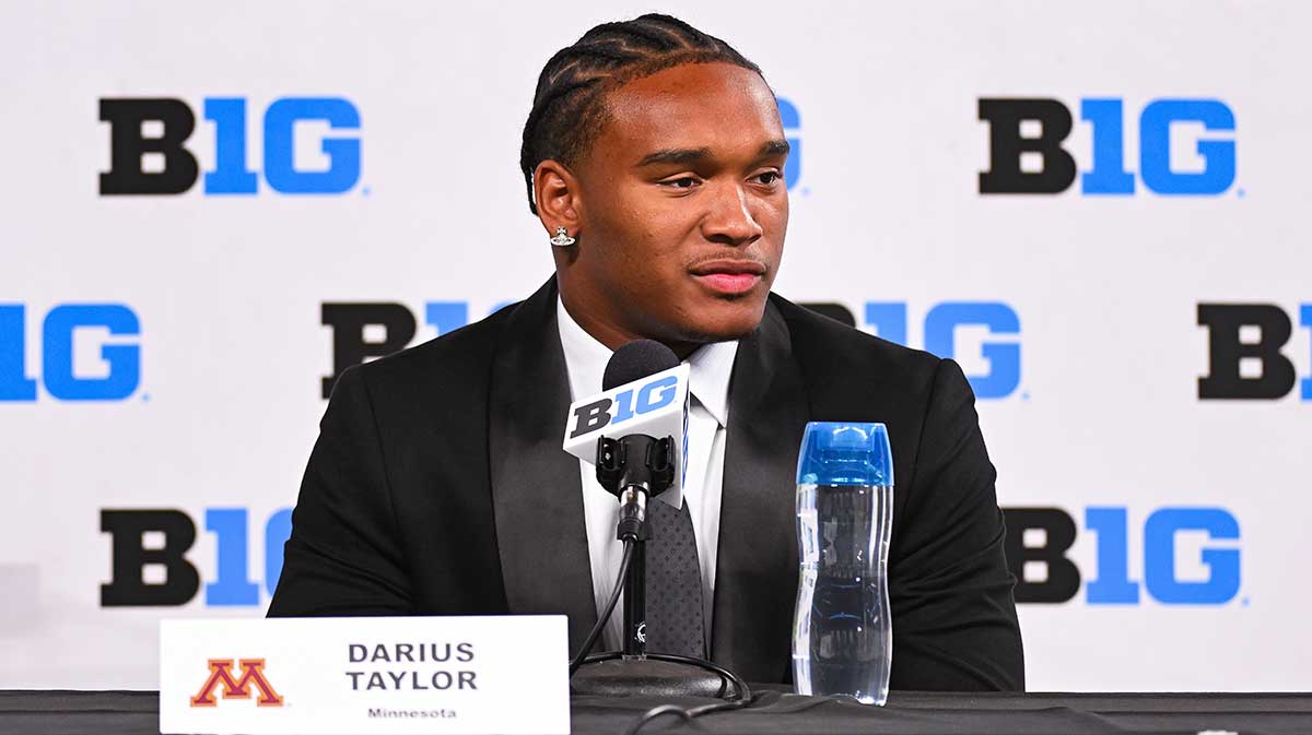Minnesota Golden Gophers running back Darius Taylor speaks to the media during the Big 10 football media day at Lucas Oil Stadium.