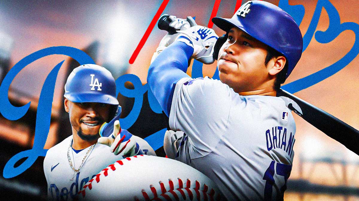 Dodgers outfielder smiling next to Dodgers Stadium & designated hitter Shohei Ontani & Dodgers logo