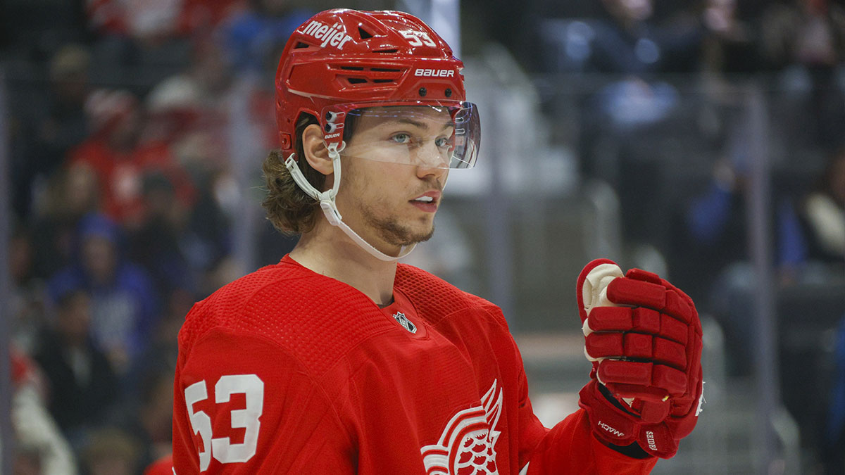 Detroit Red Wings defenseman Moritz Seider (53) looks on during the first period at Little Caesars Arena.