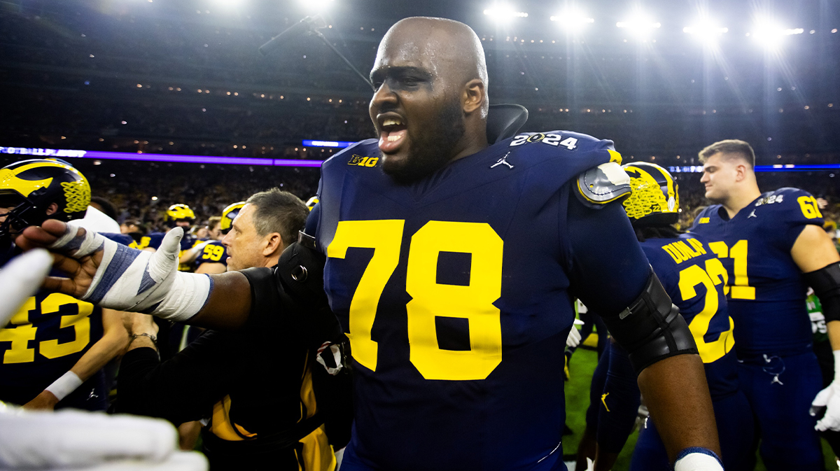 Michigan Wolverines offensive lineman Myles Hinton (78) celebrates after defeating the Washington Huskies during the 2024 College Football Playoff national championship game at NRG Stadium.