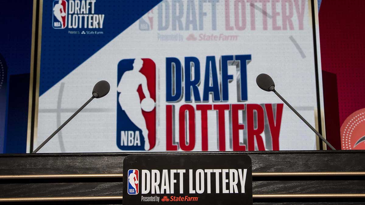 The podium with logos is seen prior to the 2018 NBA Draft Lottery at the Palmer House Hilton.