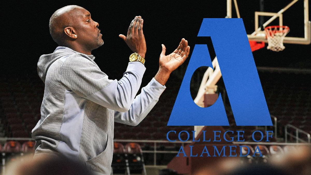 Gary Payton, yelling and clapping with the College of Alameda logo in the background.