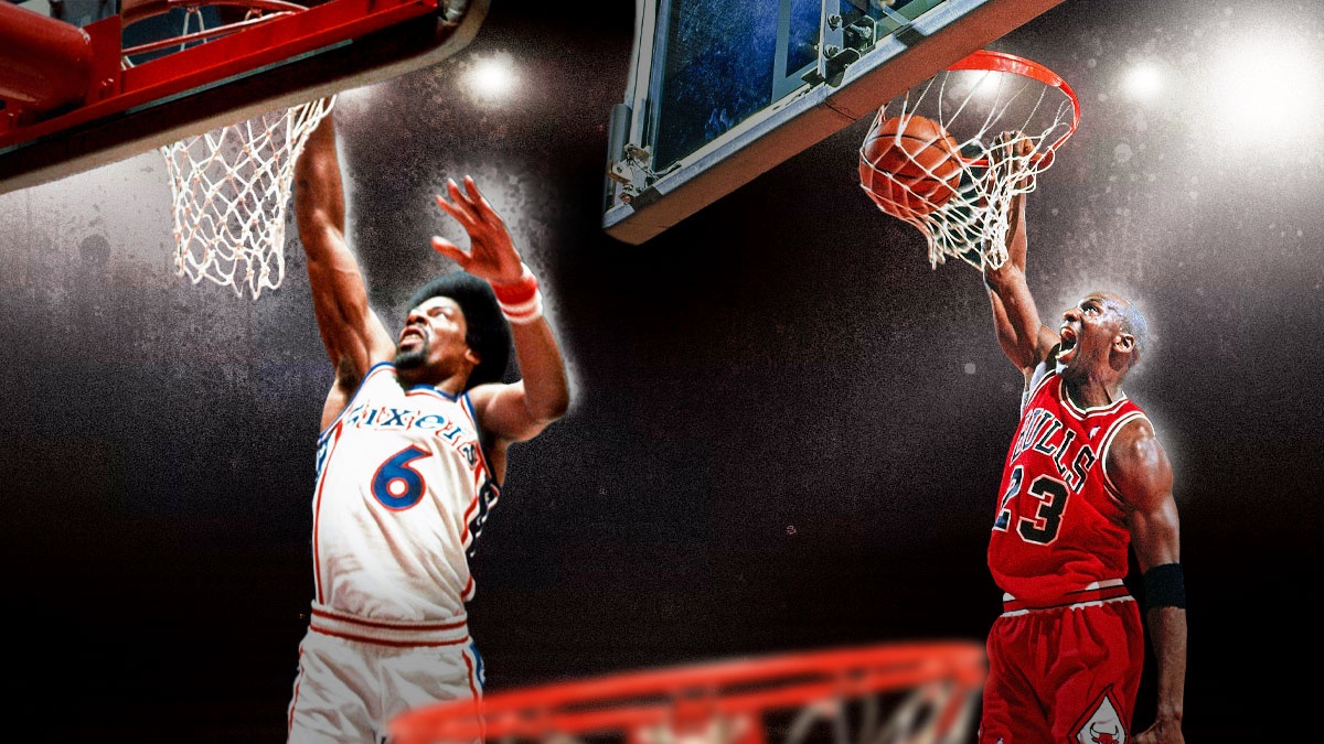 Julius Erving and Michael Jordan both dunking