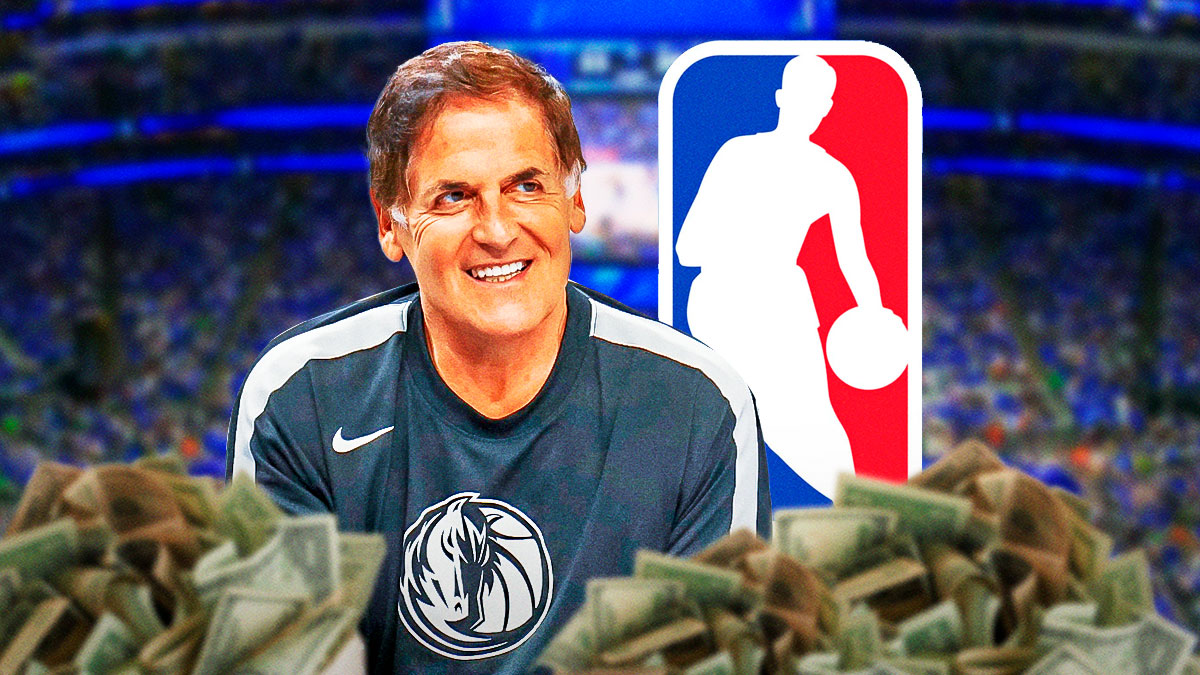 Mark Cuban next to the NBA logo and bags of cash