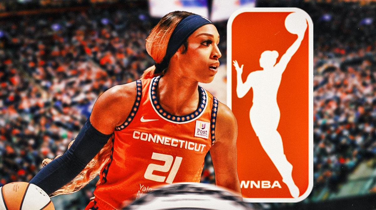 Sun's DiJonai Carrington next to a WNBA logo