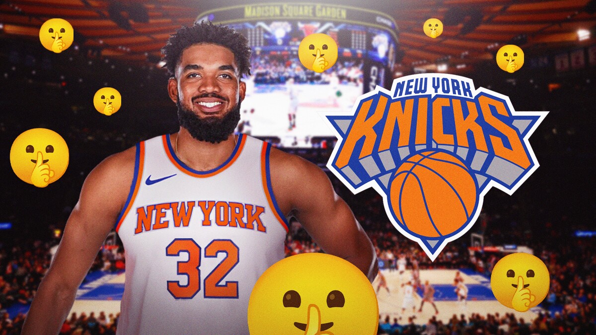 Knicks' Karl-Anthony Towns next to a Knicks logo with lots of silence 🤫 emojis